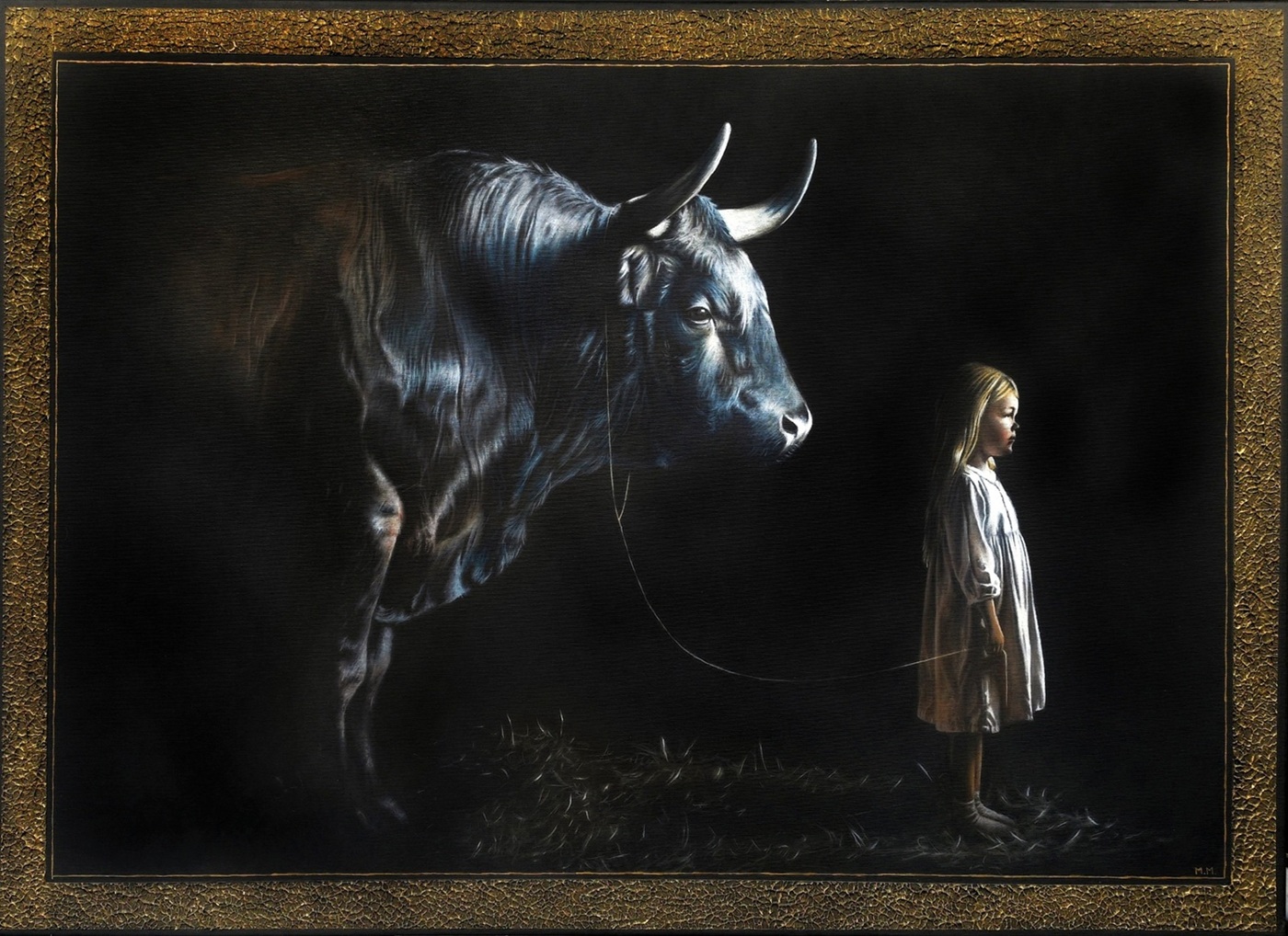 A small girl leads a powerful bull on an almost imperceptible leash. The contrast between them creates a tension between physical superiority and inner determination. The girl does not attempt to overpower the animal or suppress its natural strength. She calmly continues forward, while the bull follows her direction.

The delicate leash is a fundamental element of the composition. It becomes clear that true control does not arise from physical dominance, but from determination, inner calm, and the ability to give strength a direction.

The bull does not represent an opponent that must be defeated. It remains a bearer of energy, power, and potential – something that can be accepted and learned to work with. The painting thus explores the nature of human will and our ability to gain control over what may appear greater than ourselves.

Some forces do not need to be defeated. We simply need to learn how to guide them and use them to move forward.