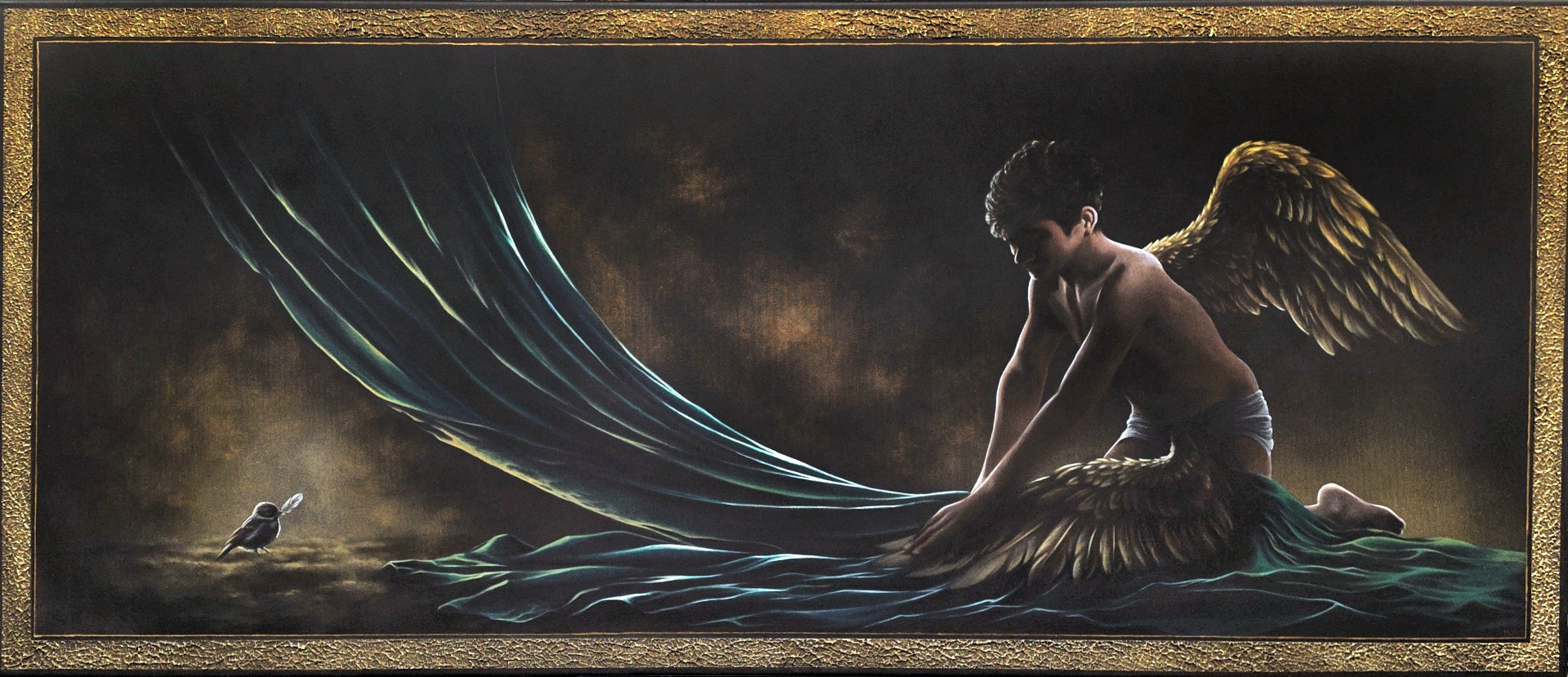 Curtain of Solitude captures a moment when personal pain consumes our attention so deeply that the surrounding world gradually fades into the background. A person becomes absorbed in their own struggle, while help already approaching may pass unnoticed.

The angel mourns his wing, which also binds him. His gaze is fixed on his own loss, while on the opposite side a small bird approaches carrying a single feather in its beak. This subtle gesture reveals the central idea of the work – sometimes a shift in attention is enough to discover something that has been close all along.

The horizontal format of 160 × 70 cm creates a deliberate distance between the figures, giving the empty space an essential role within the narrative. The drapery running through the composition connects the individual elements of the scene while also giving the painting its title.

Curtain of Solitude explores suffering that can obscure our awareness of the world around us, and the help whose significance can often be found in the smallest gesture.